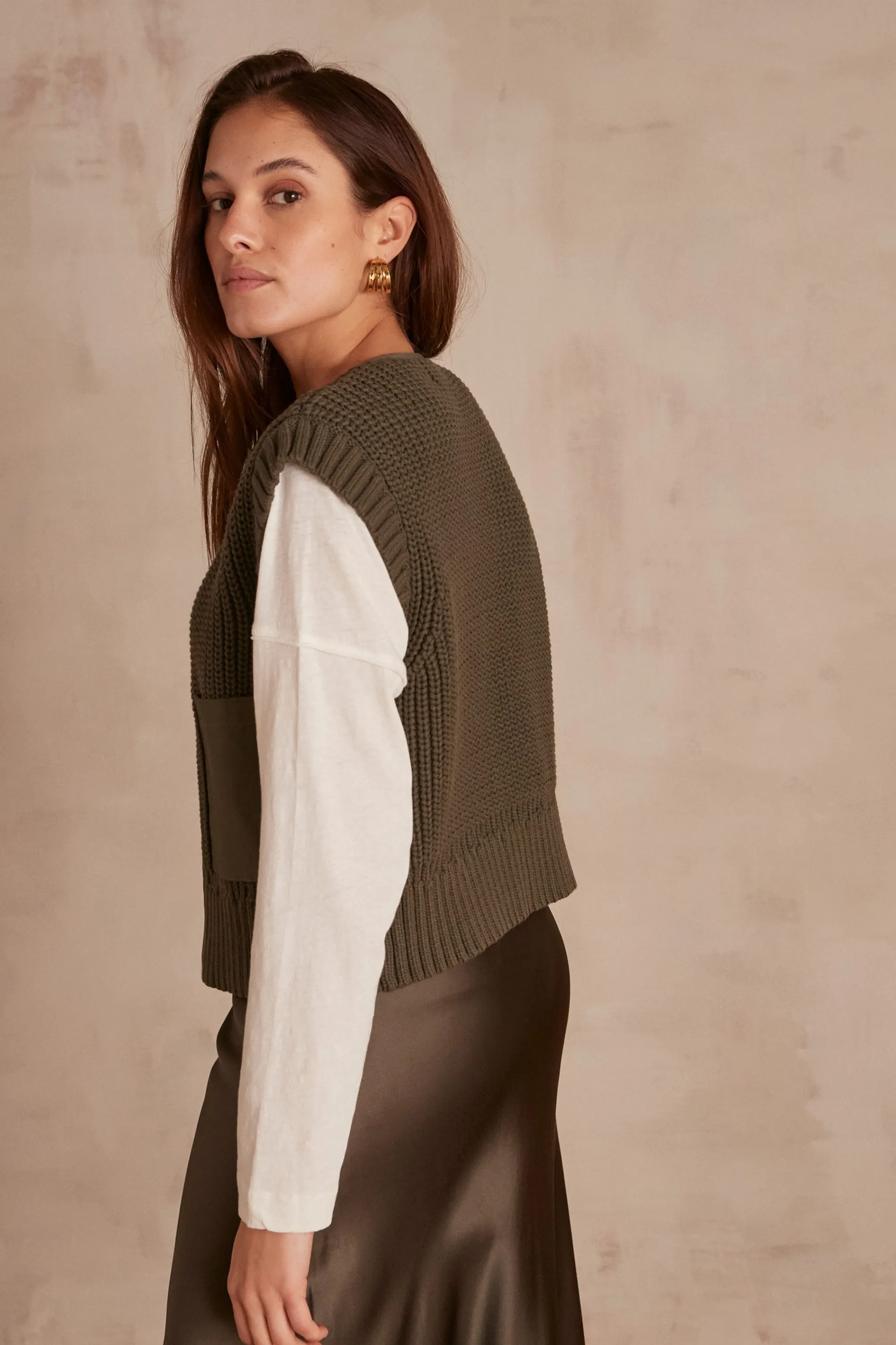 Maison 123 Gilets Courts | Gilets Sans Manches>Gilet sans manches Laurena Produit labellisé We Care mettant en avant l'utilisation de matières plus responsables et la valorisation de la production locale VERT
