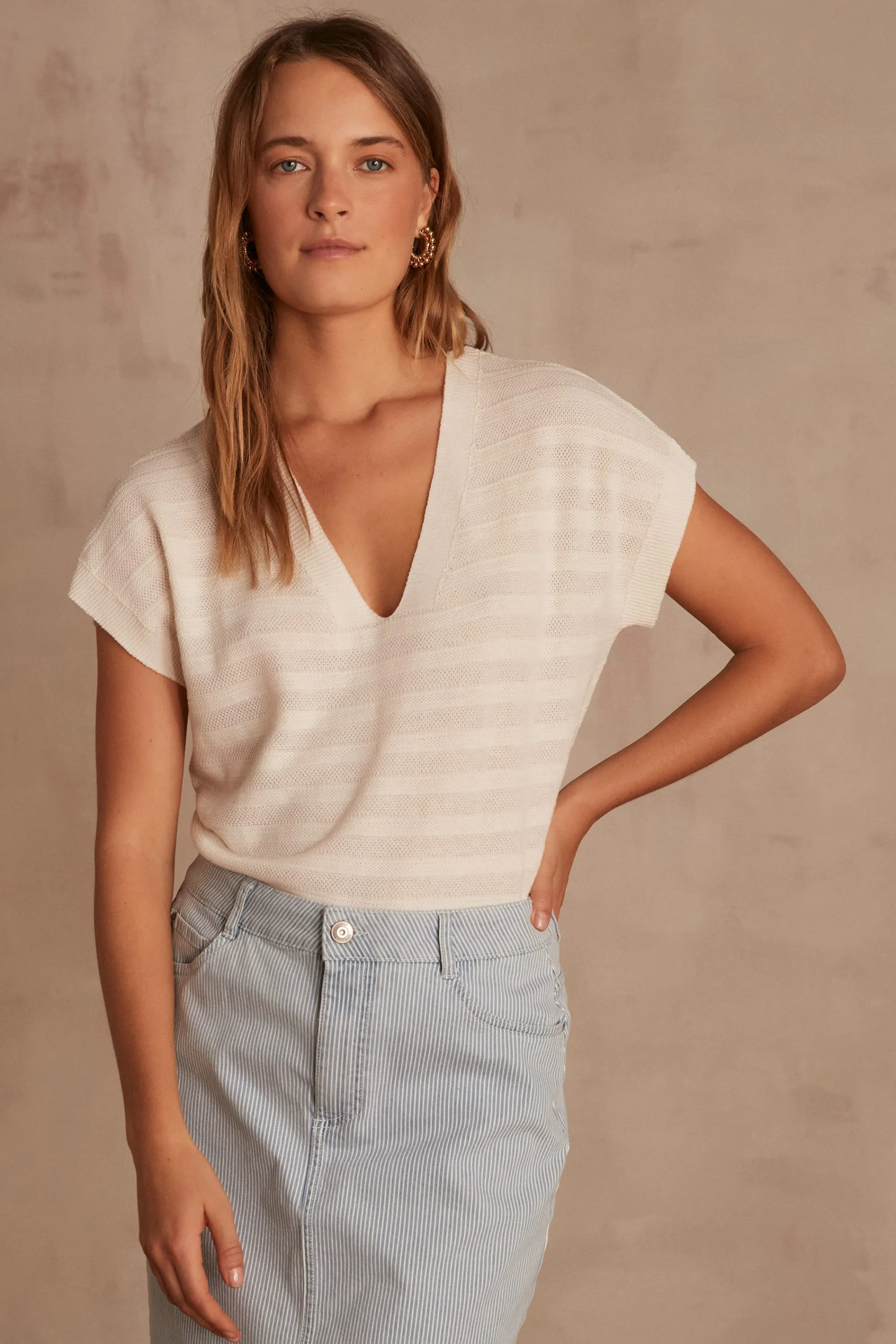 Maison 123 Pulls Col Rond | Pulls Sans Manches>Pull à manches courtes LINE CREME