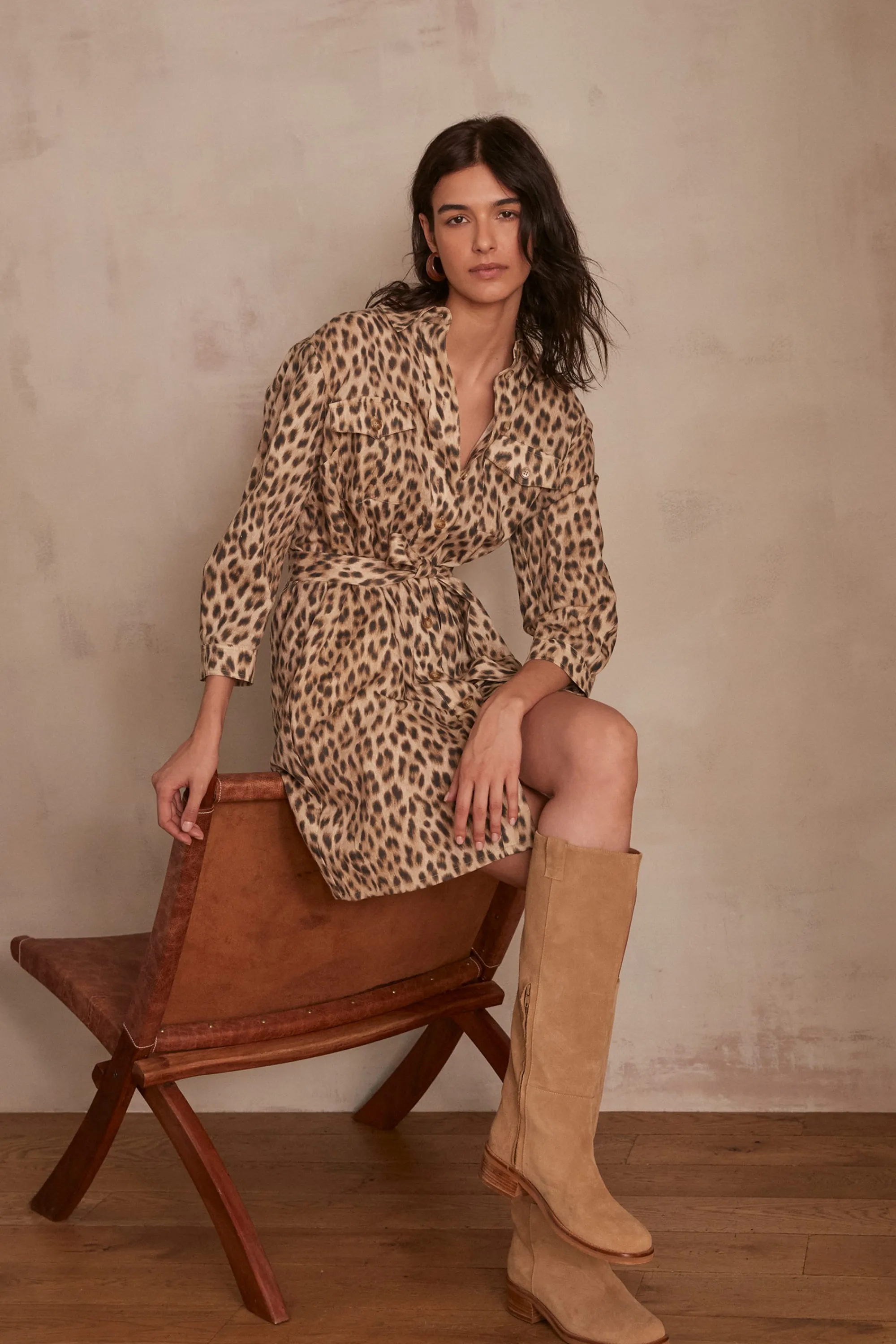 Maison 123 Robes Imprimées | Robes Fluides>Robe-chemise MARLY CAMEL