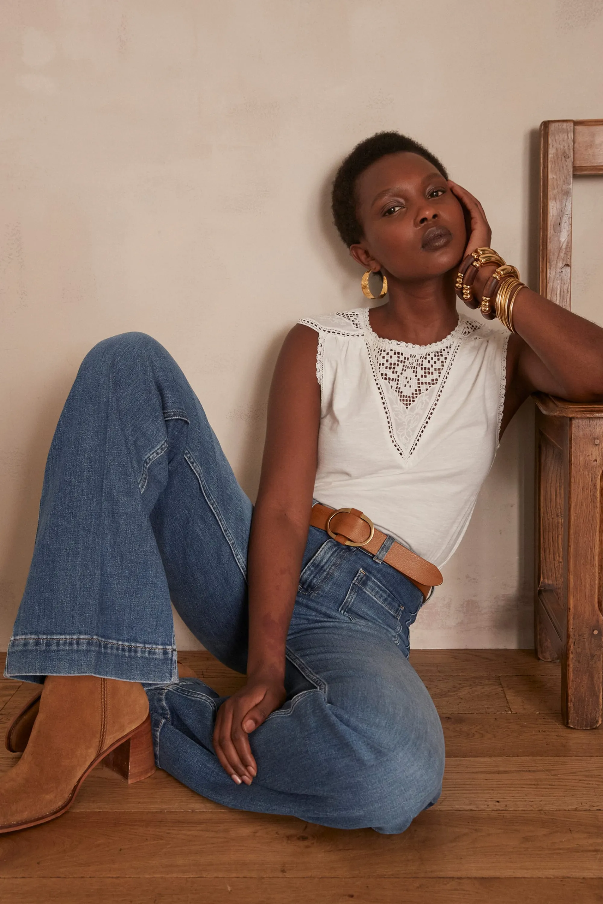 Maison 123 T-Shirts Col Rond | Débardeurs>T-shirt brodée Tiana CREME